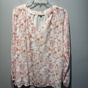 Anna Kaci Chiffon‎ White Pink Floral Long Sleeve SzXL Cottagecore Flowy Feminine